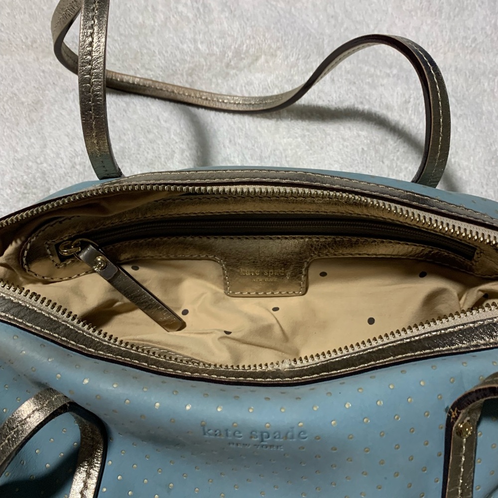 Kate Spade Purse, small, light blue suede type fabric w/ metallic dots and trim - Picture 4 of 6